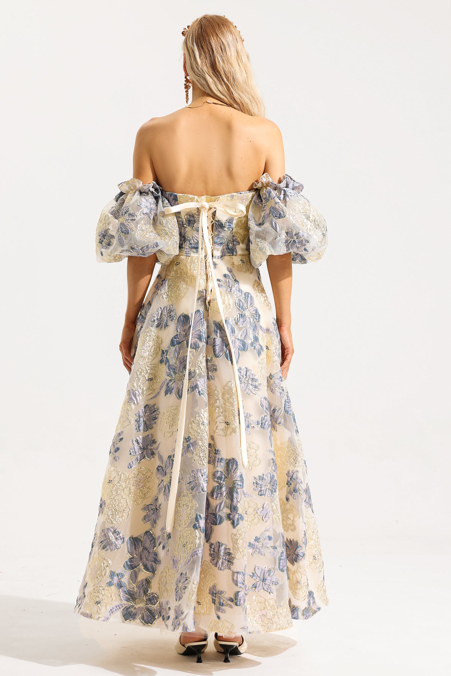 Flowering Girl Women Jacquard Off-Shoulder Midi Dress