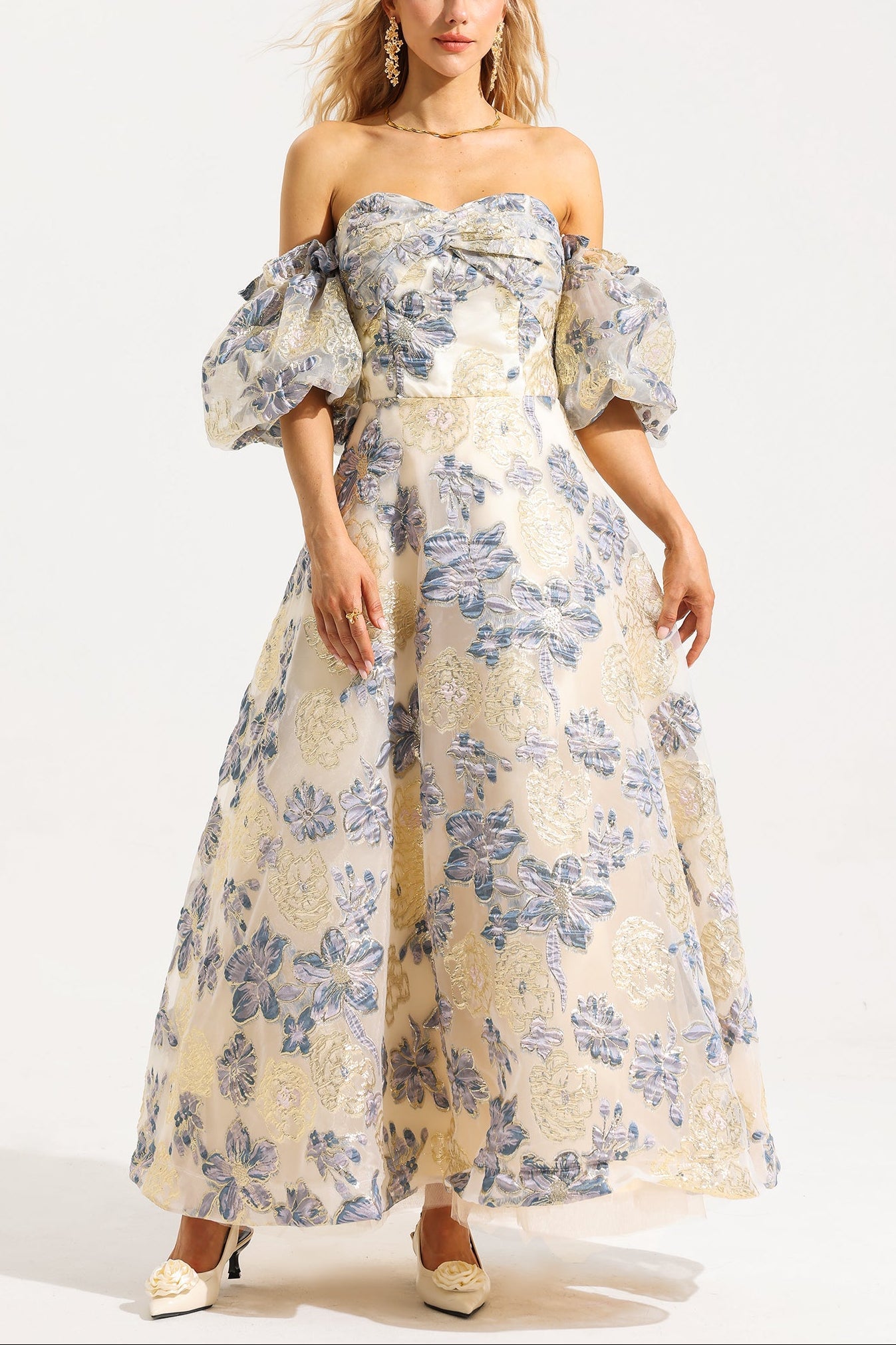 Flowering Girl Women Jacquard Off-Shoulder Midi Dress