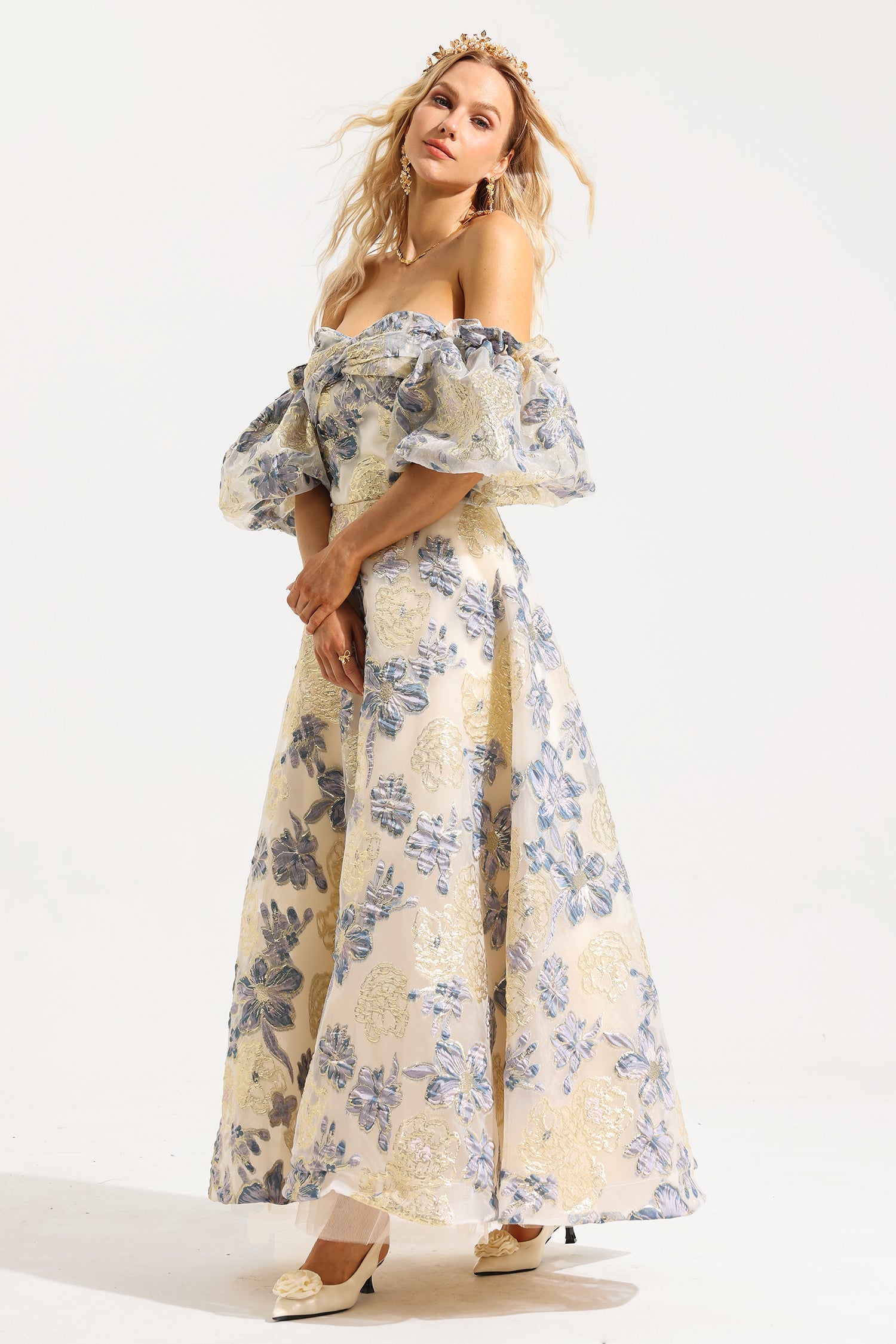 Flowering Girl Women Jacquard Off-Shoulder Midi Dress