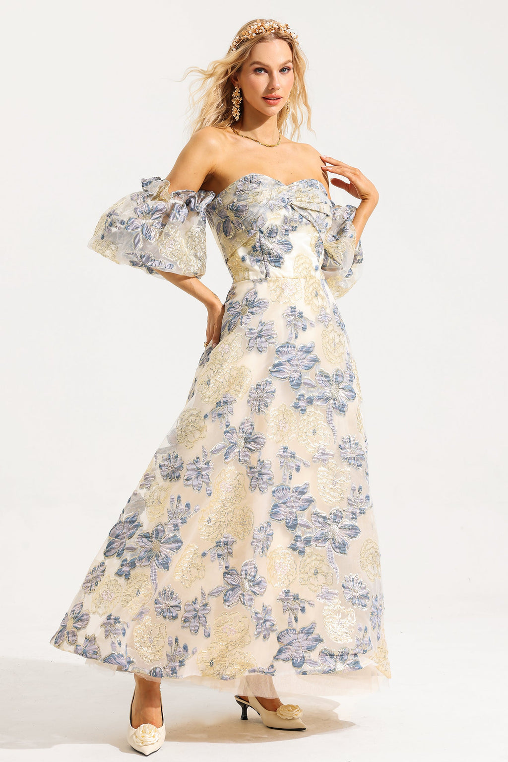 Flowering Girl Women Jacquard Off-Shoulder Midi Dress