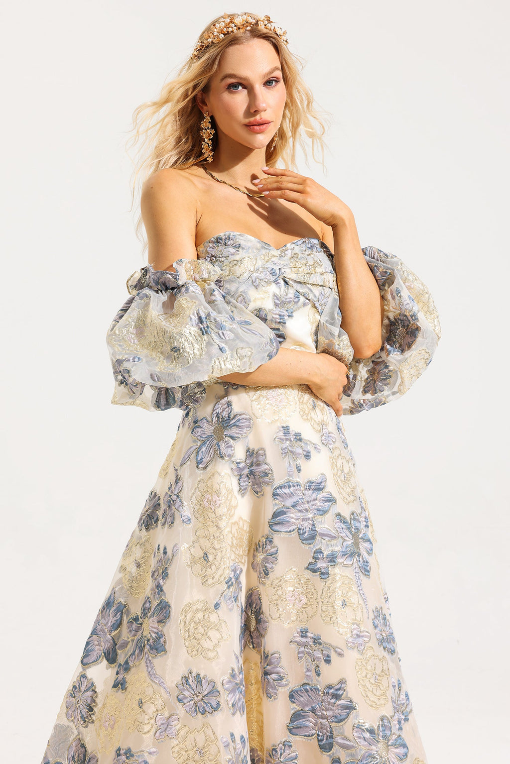 Flowering Girl Women Jacquard Off-Shoulder Midi Dress