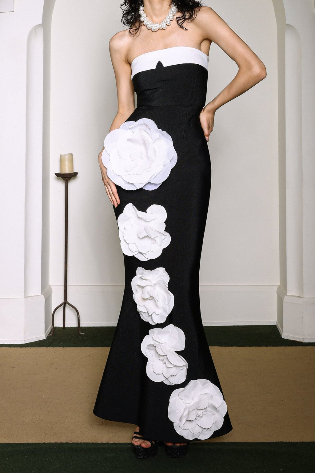 Makala 3d Flower Fishtail Maxi Bandage Dress in black