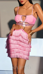 Flowering Girl Women PINK RHINESTONE CUTOUT FRINGE DRESS