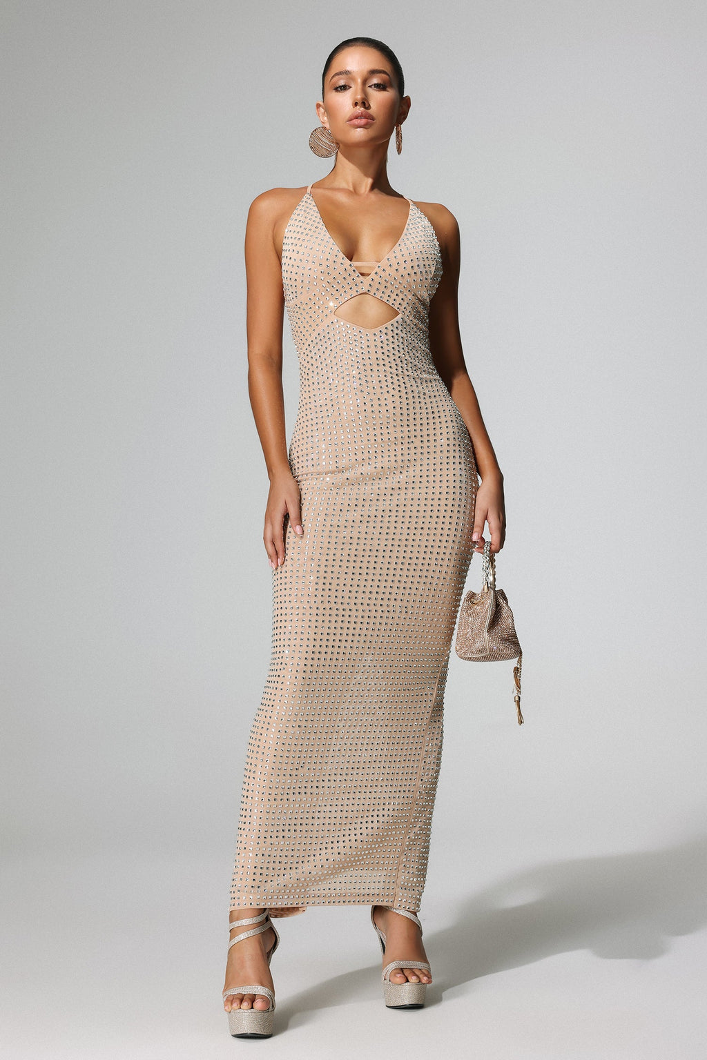 Flowering Girl Women Yetta Diamante Sleeveless Midi Mesh Dress - Beige