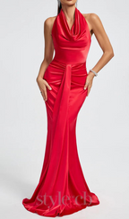 Flowering Girl Women HALTER DRAPED SATIN MERMAID MAXI DRESS IN RED