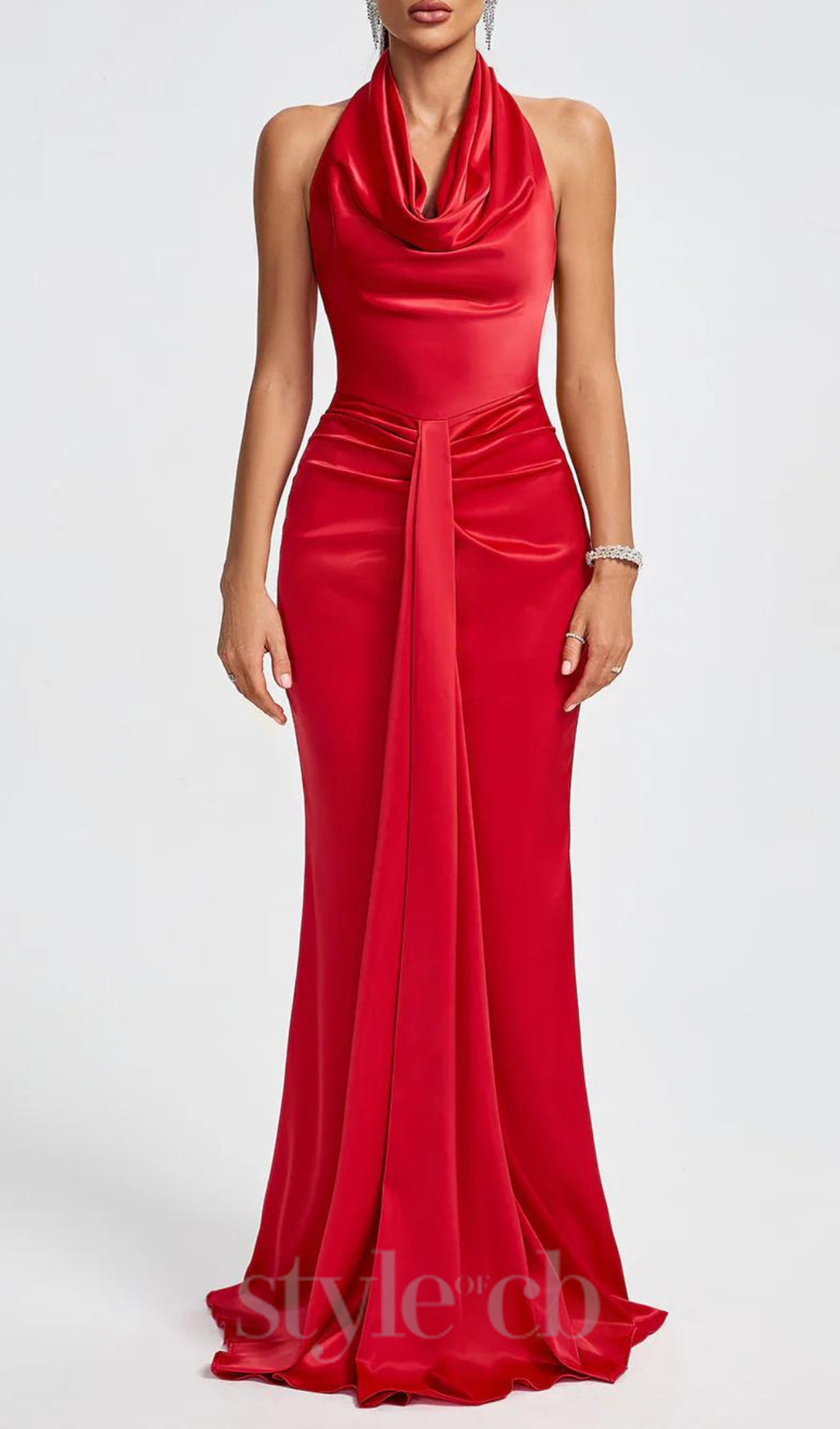 Flowering Girl Women HALTER DRAPED SATIN MERMAID MAXI DRESS IN RED