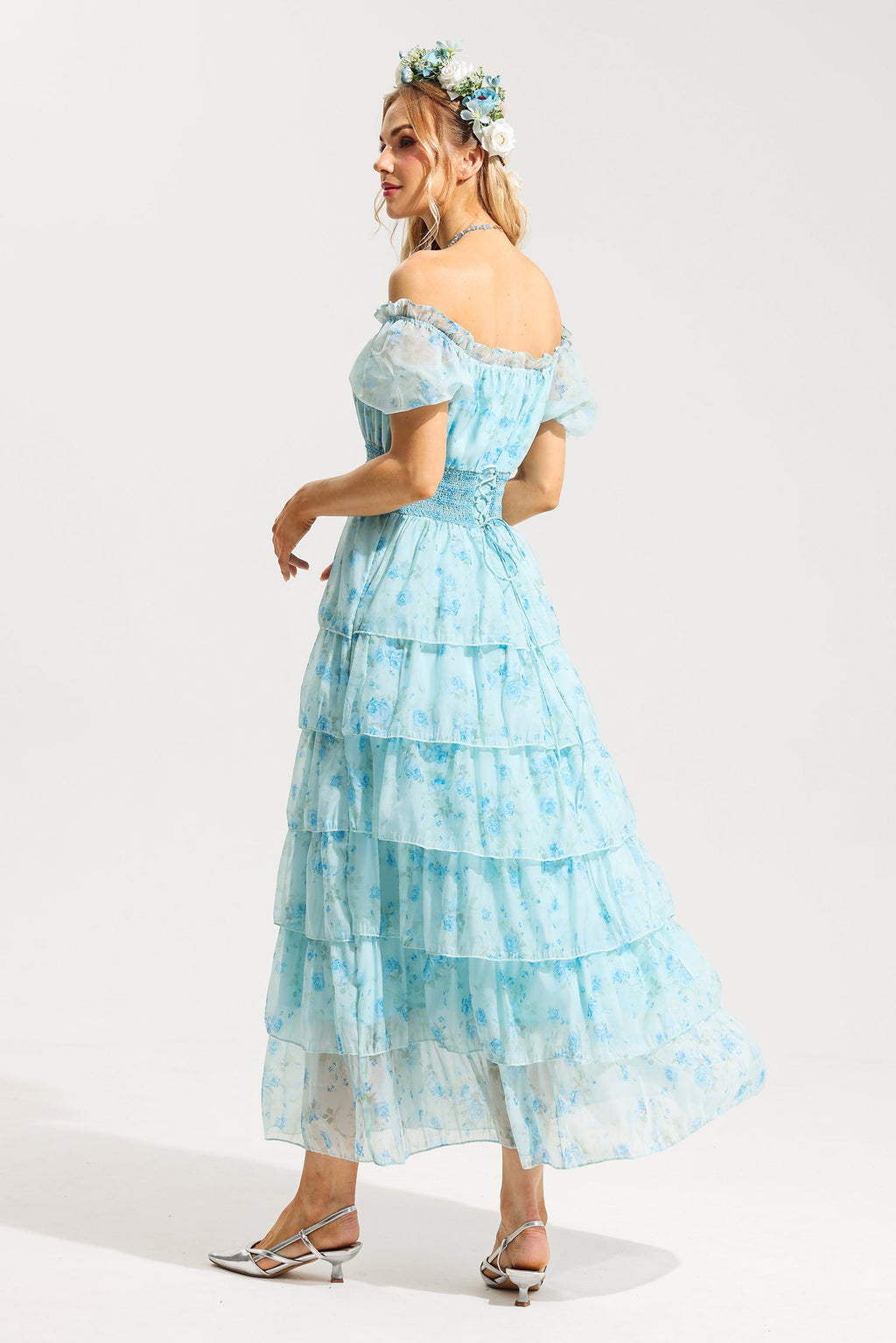 Flowering Girl Women Floral Ruffle Pleated Off-Shoulder Midi Dress Blue