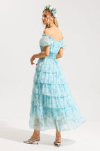 Flowering Girl Women Floral Ruffle Pleated Off-Shoulder Midi Dress Blue