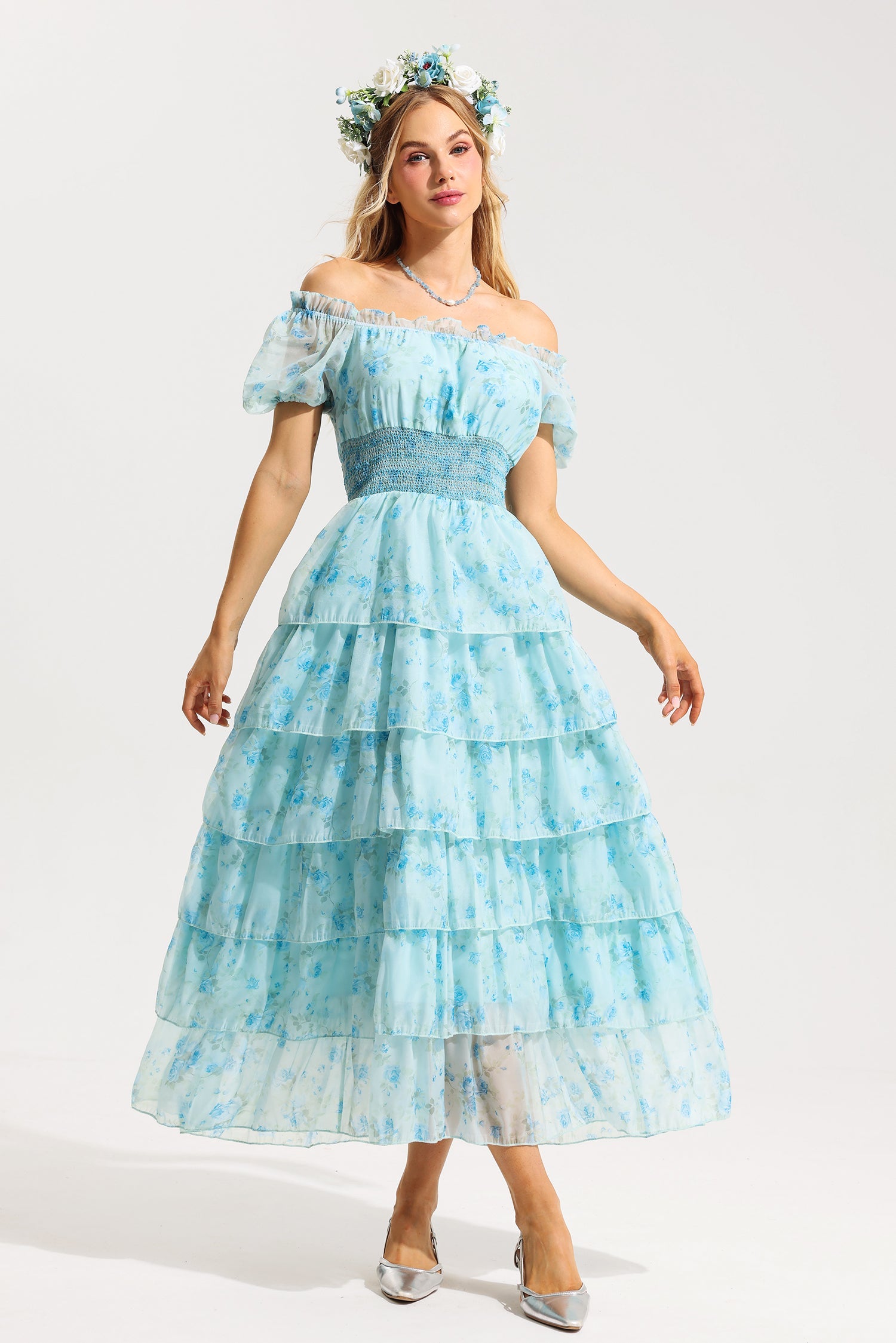 Flowering Girl Women Floral Ruffle Pleated Off-Shoulder Midi Dress Blue
