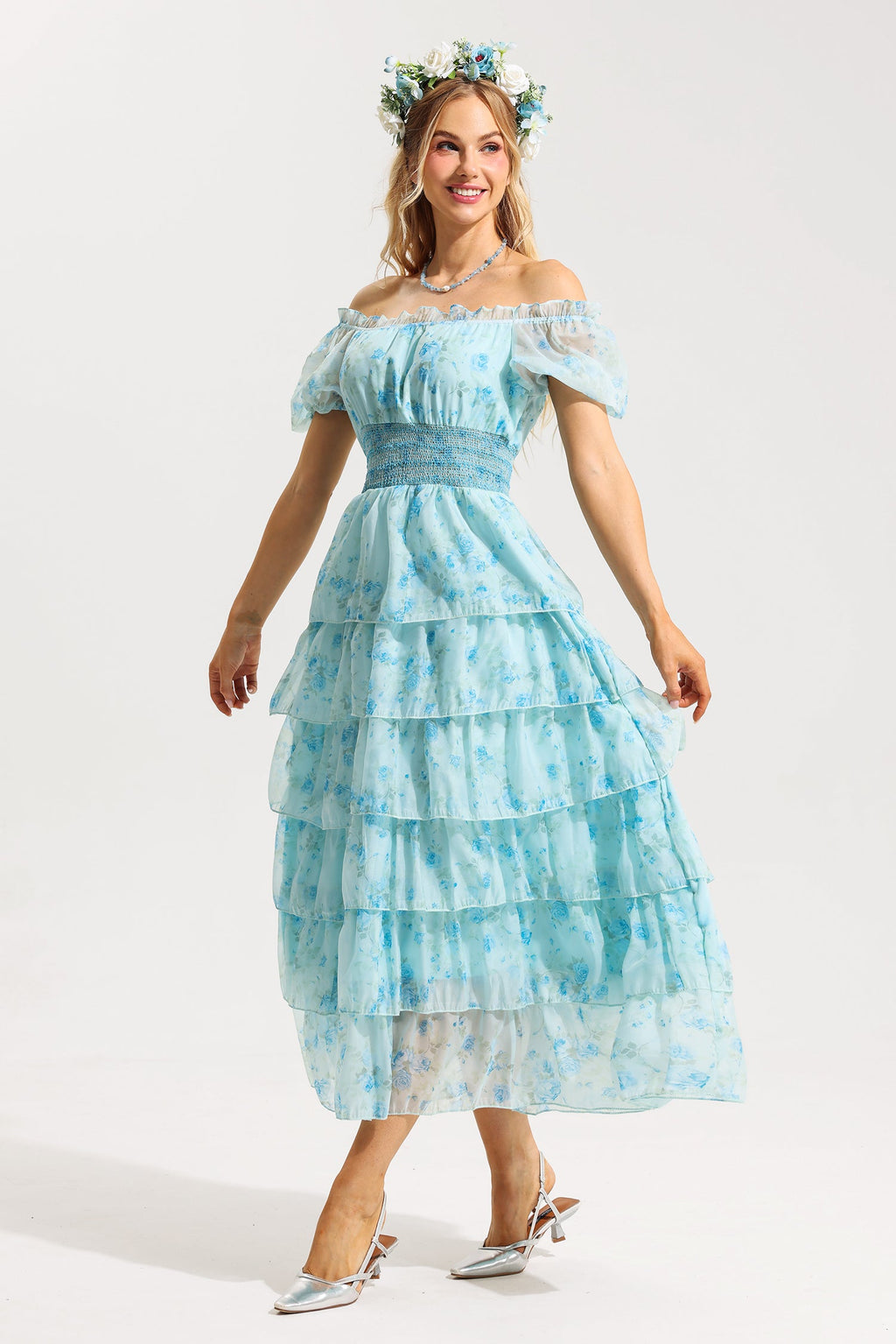 Flowering Girl Women Floral Ruffle Pleated Off-Shoulder Midi Dress Blue