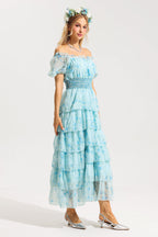 Flowering Girl Women Floral Ruffle Pleated Off-Shoulder Midi Dress Blue