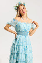 Flowering Girl Women Floral Ruffle Pleated Off-Shoulder Midi Dress Blue