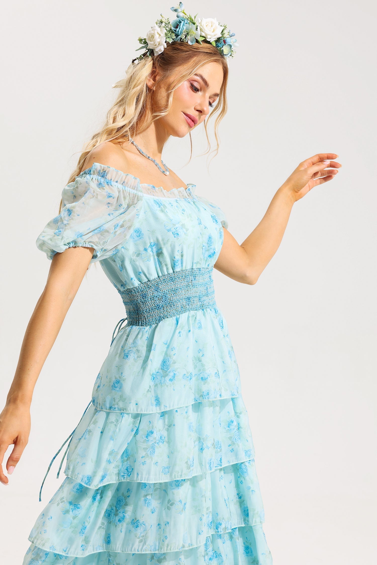 Flowering Girl Women Floral Ruffle Pleated Off-Shoulder Midi Dress Blue