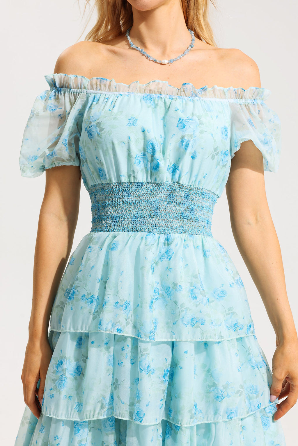 Flowering Girl Women Floral Ruffle Pleated Off-Shoulder Midi Dress Blue
