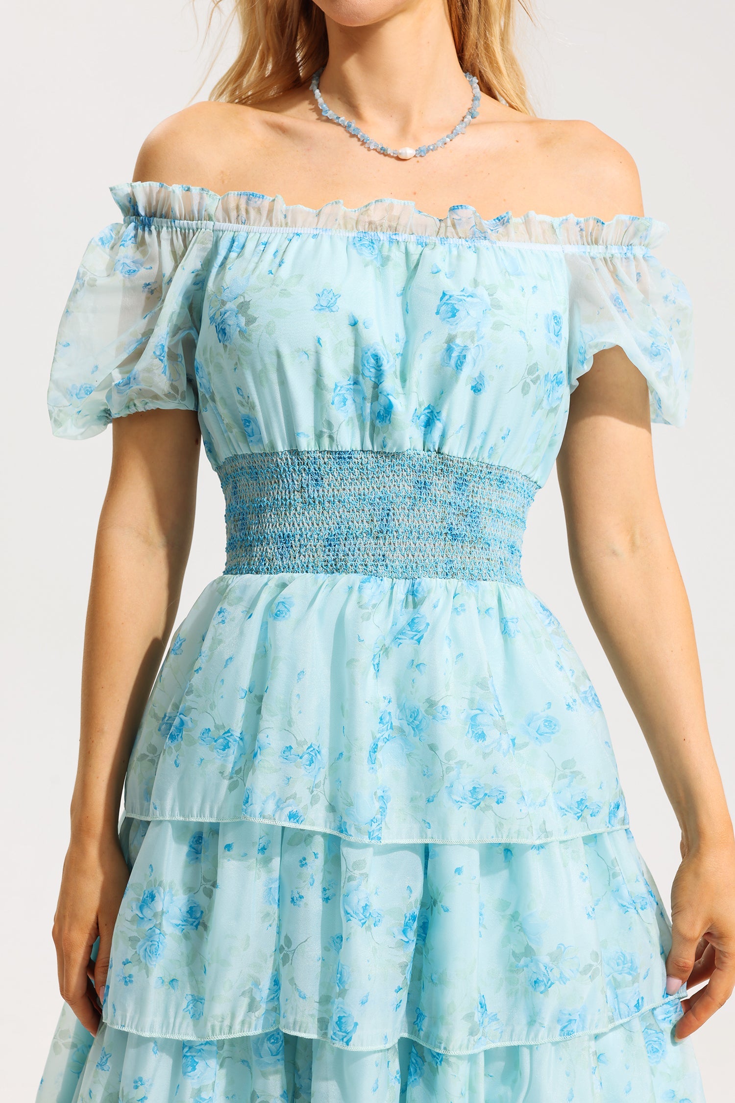 Flowering Girl Women Floral Ruffle Pleated Off-Shoulder Midi Dress Blue
