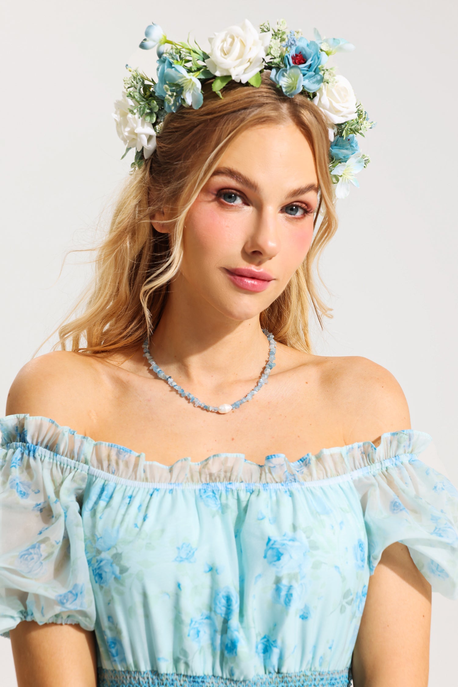 Flowering Girl Women Floral Ruffle Pleated Off-Shoulder Midi Dress Blue