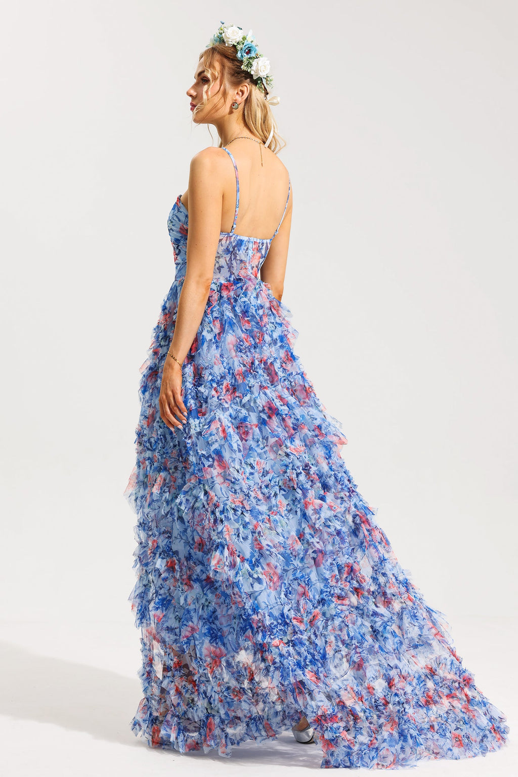 Flowering Girl Women 3D Floral Halter Neck Frill Maxi Dress