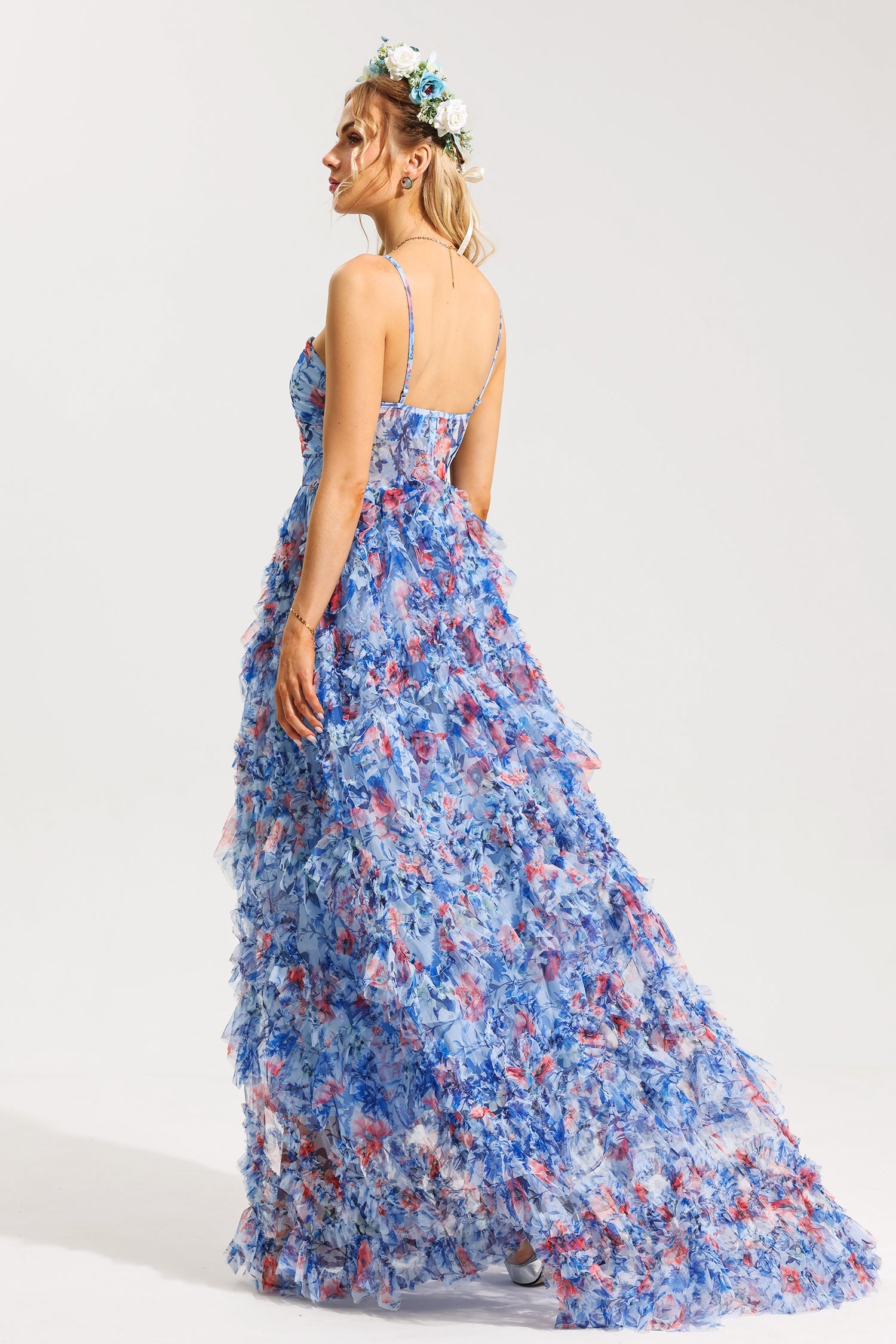 Flowering Girl Women 3D Floral Halter Neck Frill Maxi Dress