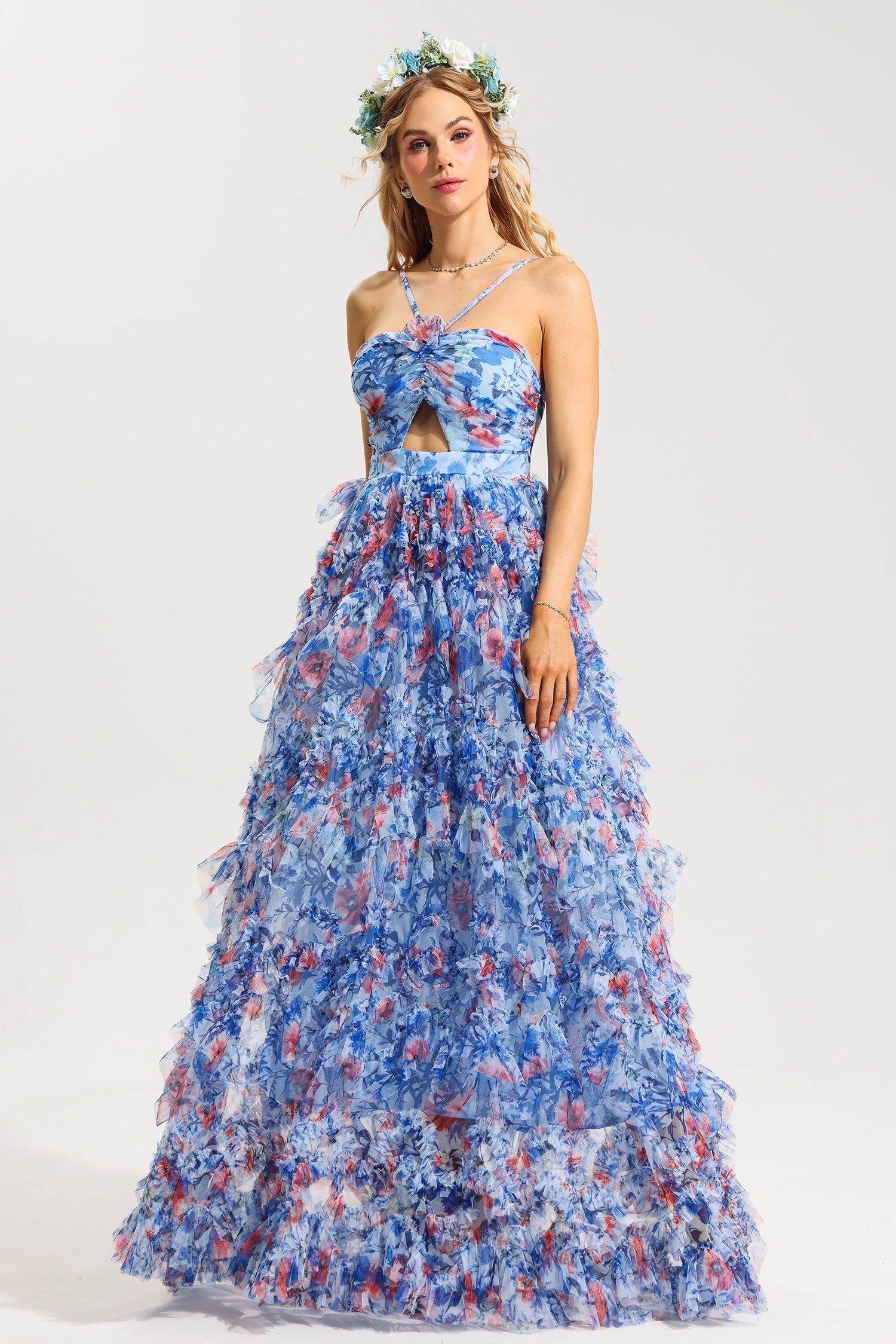 Flowering Girl Women 3D Floral Halter Neck Frill Maxi Dress