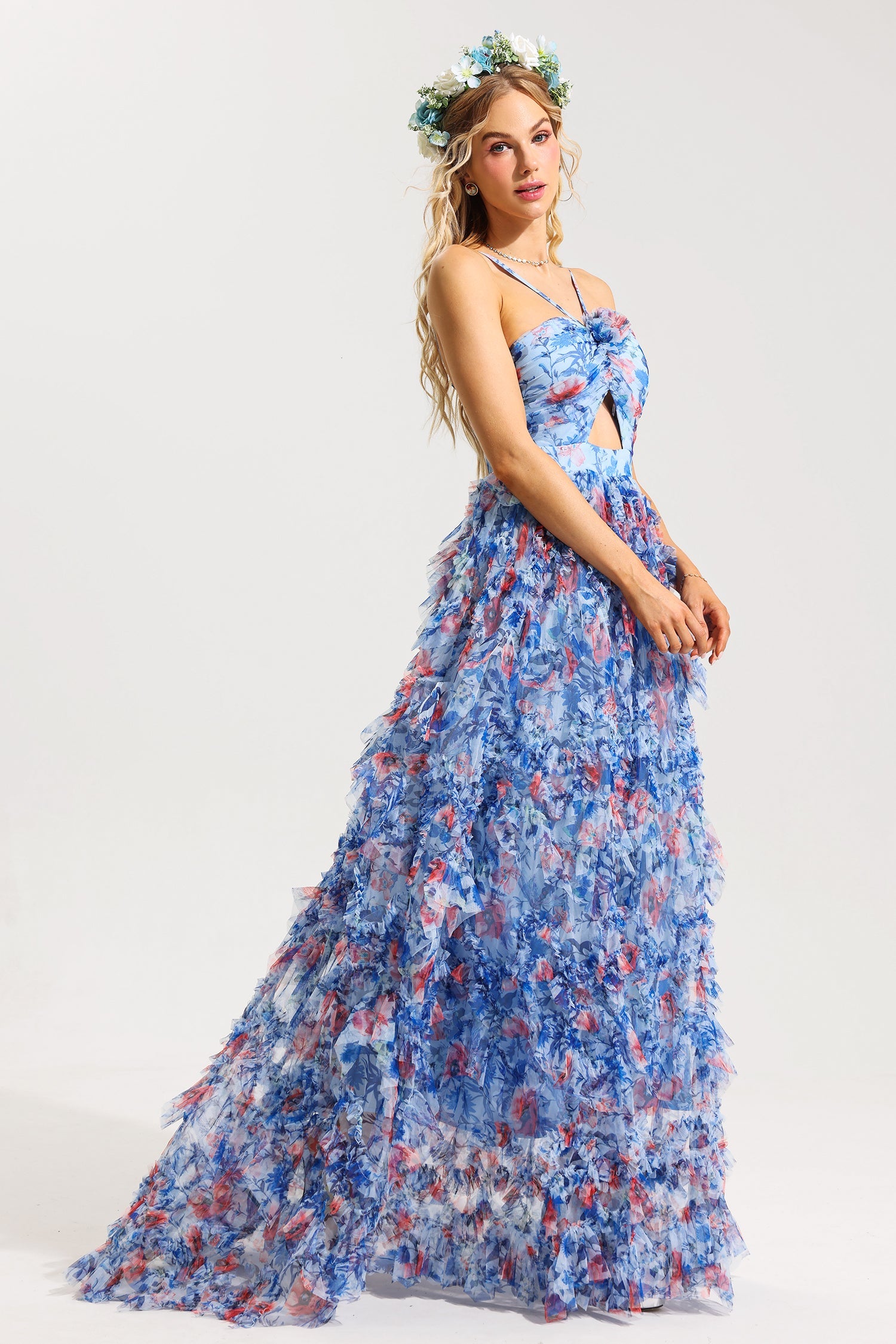 Flowering Girl Women 3D Floral Halter Neck Frill Maxi Dress