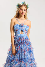 Flowering Girl Women 3D Floral Halter Neck Frill Maxi Dress
