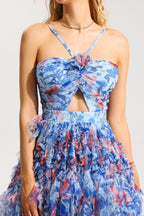 Flowering Girl Women 3D Floral Halter Neck Frill Maxi Dress
