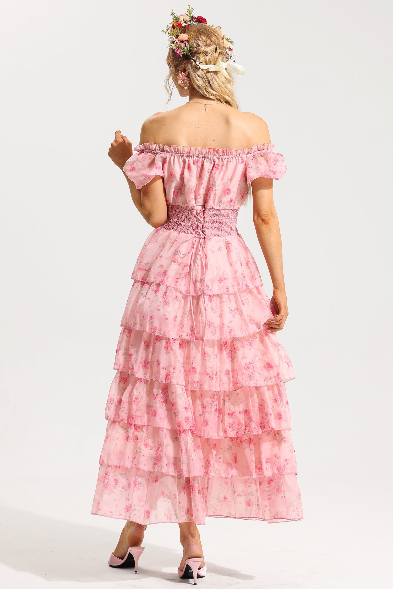 Flowering Girl Women Floral Ruffle Pleated Off-Shoulder Midi Dress Pink