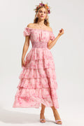 Flowering Girl Women Floral Ruffle Pleated Off-Shoulder Midi Dress Pink