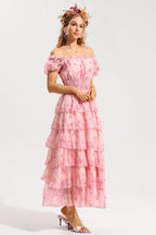Flowering Girl Women Floral Ruffle Pleated Off-Shoulder Midi Dress Pink