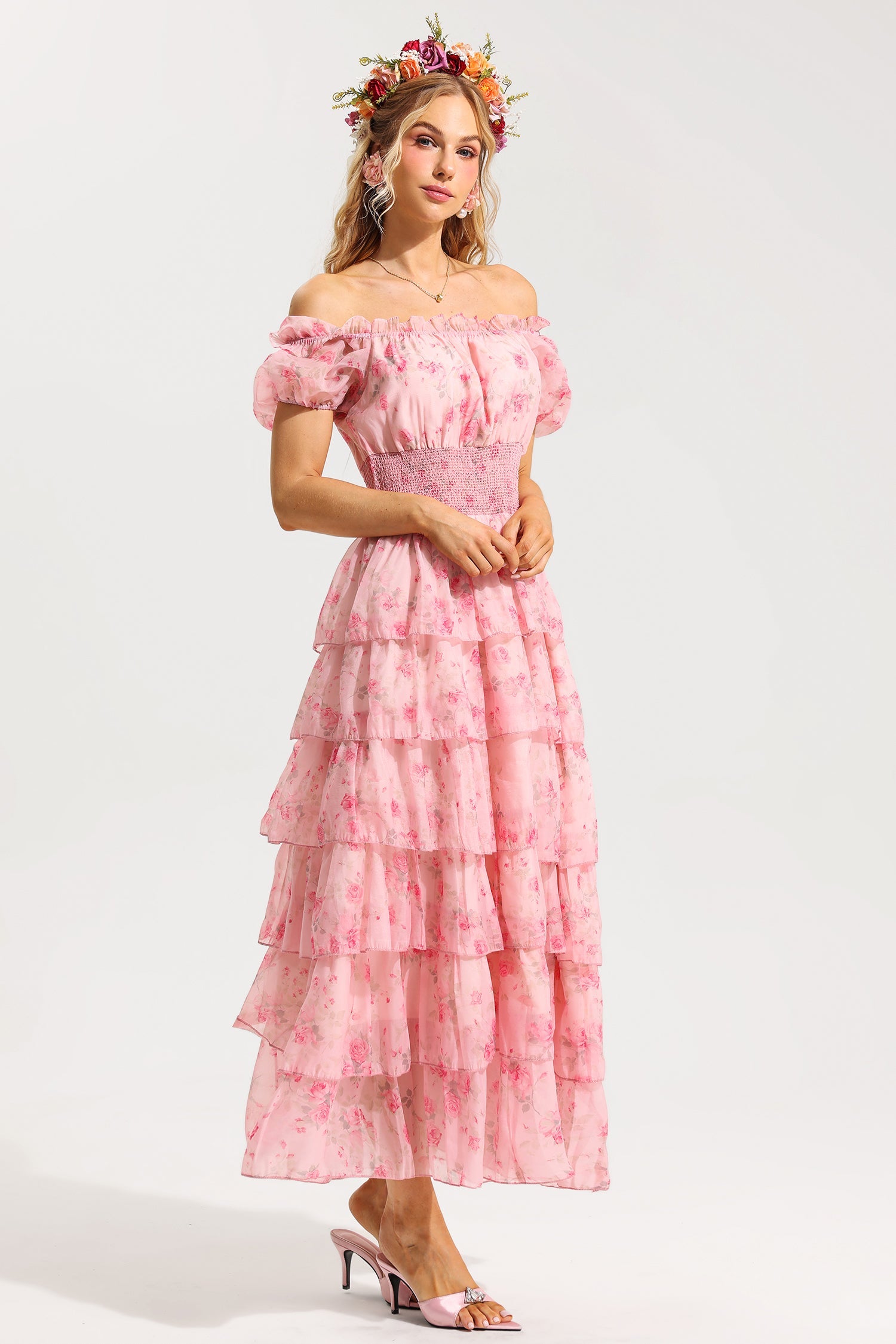 Flowering Girl Women Floral Ruffle Pleated Off-Shoulder Midi Dress Pink