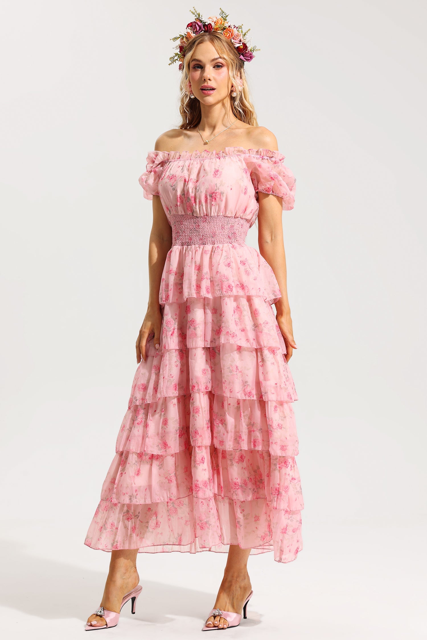 Flowering Girl Women Floral Ruffle Pleated Off-Shoulder Midi Dress Pink