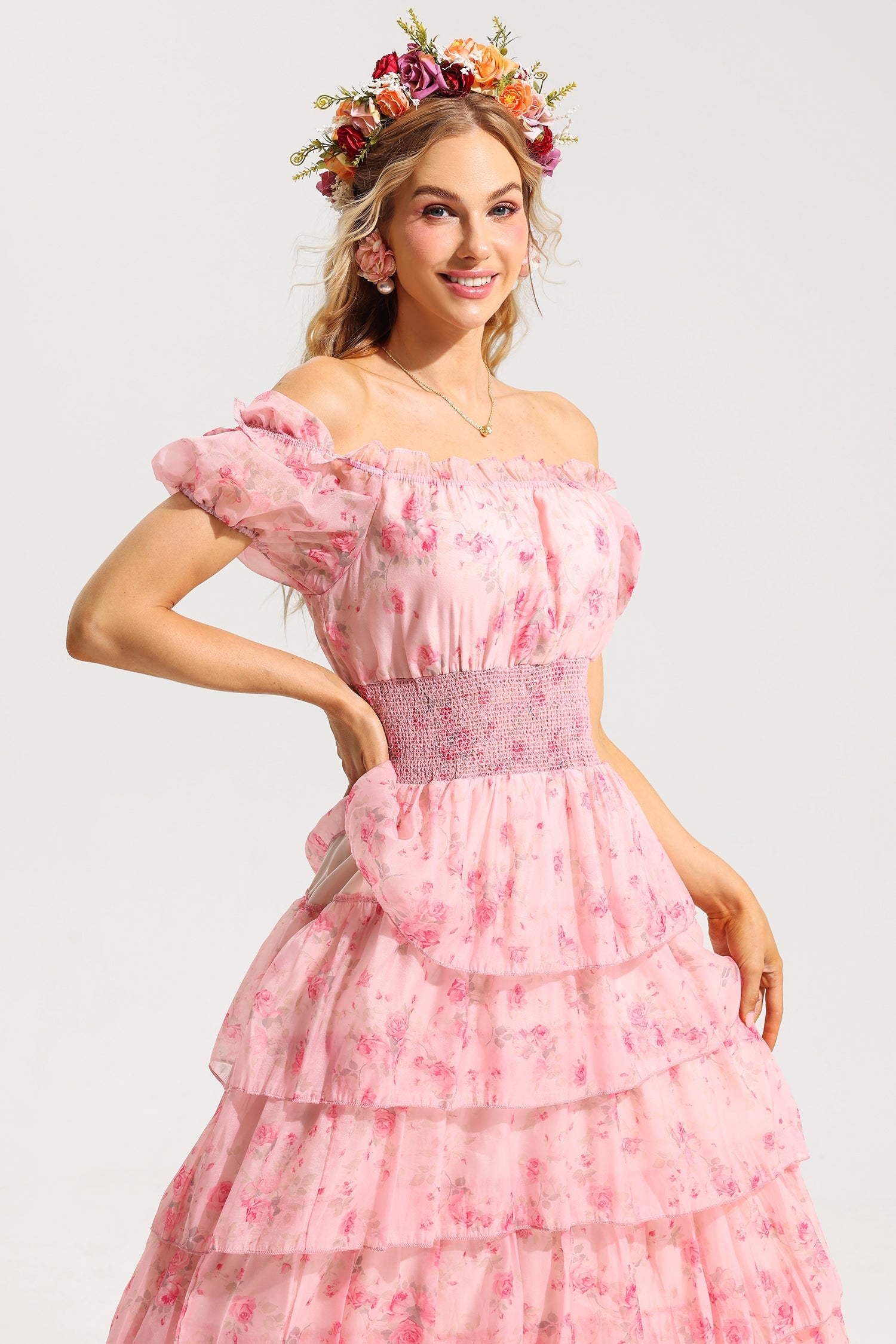 Flowering Girl Women Floral Ruffle Pleated Off-Shoulder Midi Dress Pink