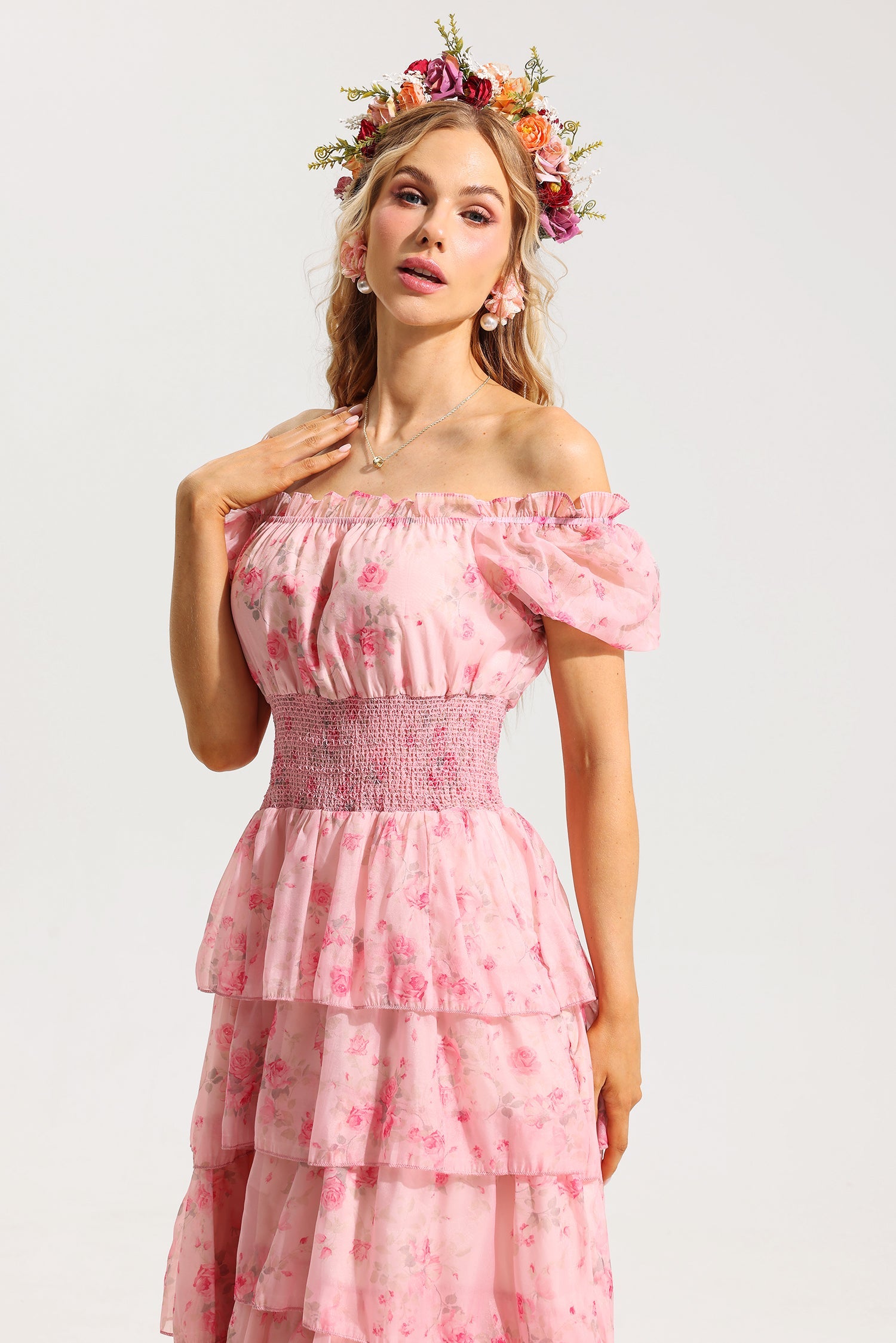 Flowering Girl Women Floral Ruffle Pleated Off-Shoulder Midi Dress Pink