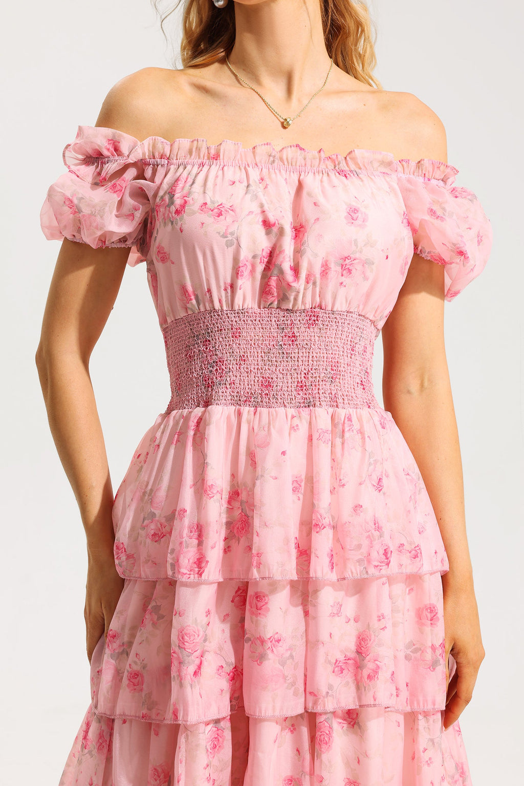 Flowering Girl Women Floral Ruffle Pleated Off-Shoulder Midi Dress Pink