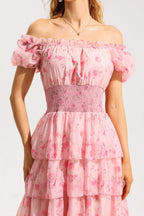 Flowering Girl Women Floral Ruffle Pleated Off-Shoulder Midi Dress Pink