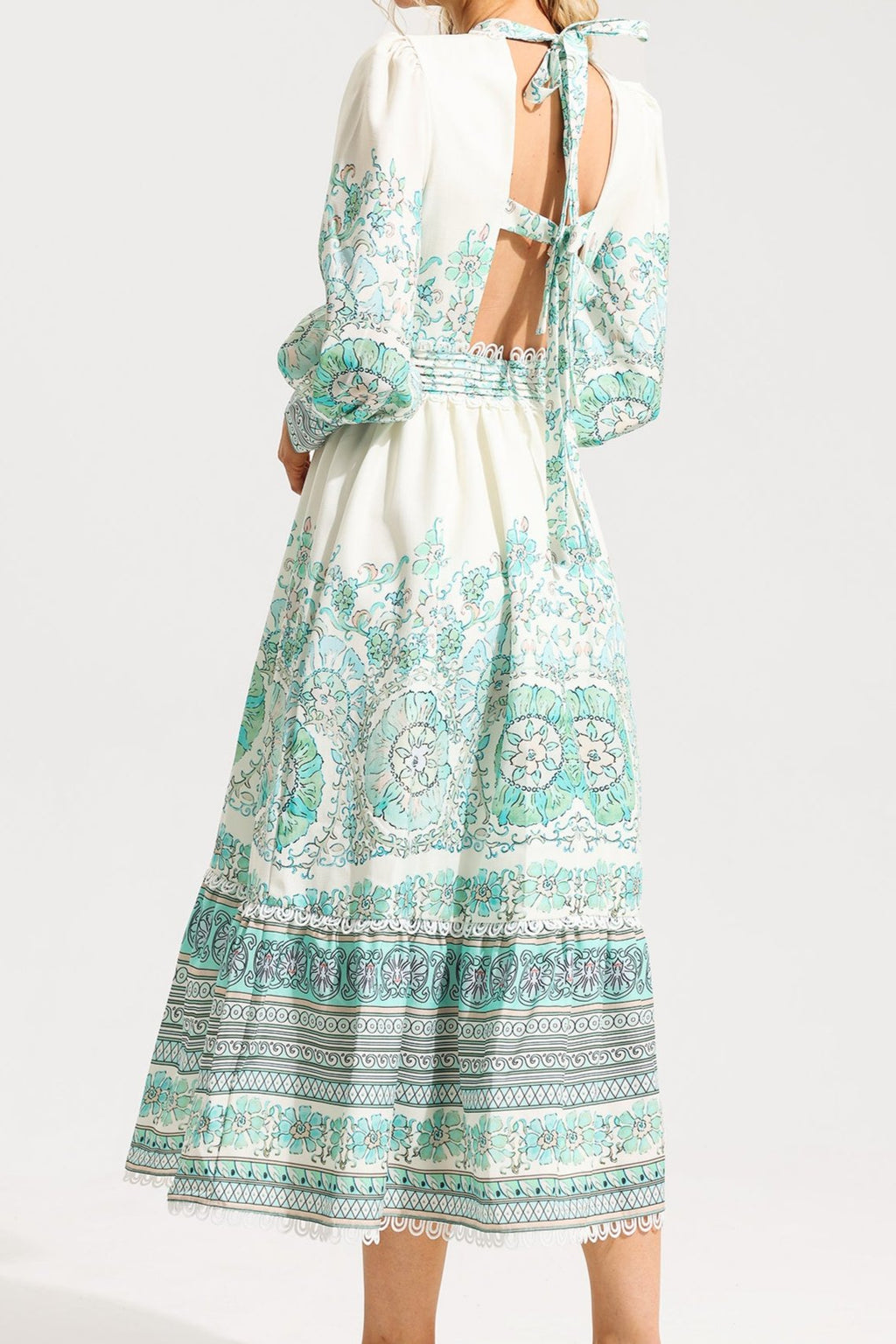 Flowering Girl Women Floral Lantern Sleeve Pleated Midi Dress