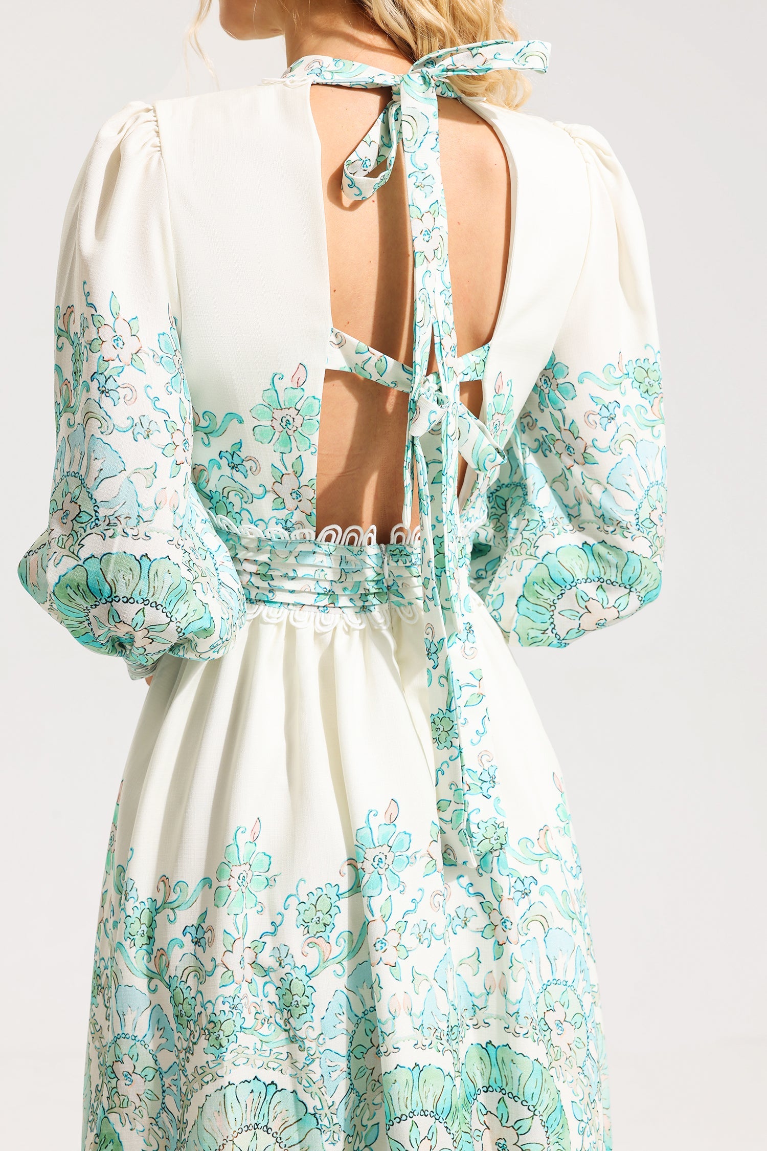 Flowering Girl Women Floral Lantern Sleeve Pleated Midi Dress