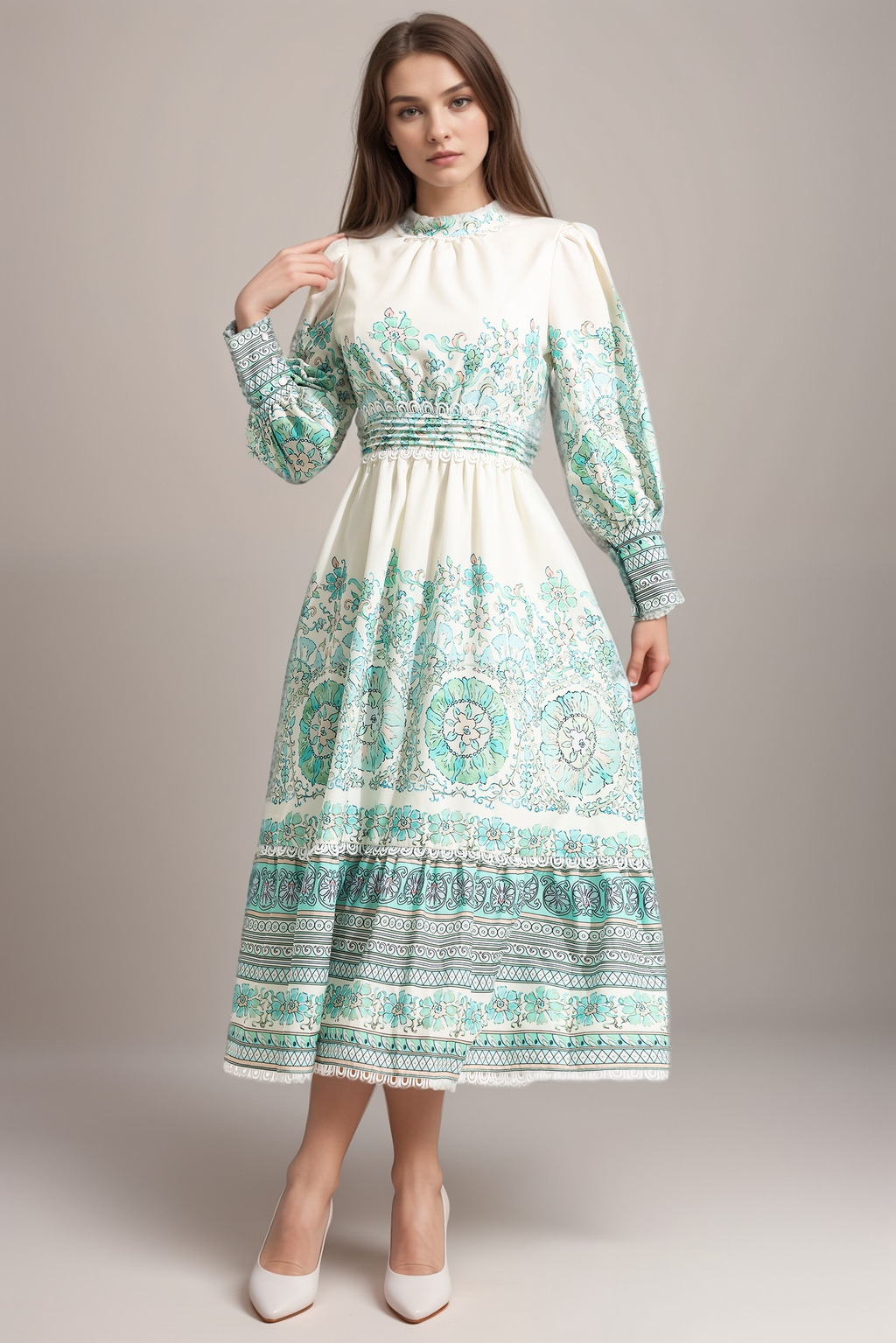 Flowering Girl Women Floral Lantern Sleeve Pleated Midi Dress