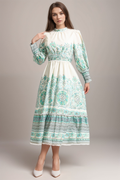 Flowering Girl Women Floral Lantern Sleeve Pleated Midi Dress