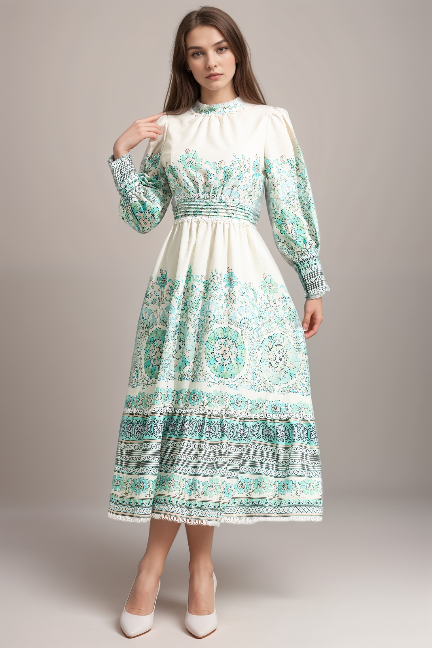 Flowering Girl Women Floral Lantern Sleeve Pleated Midi Dress