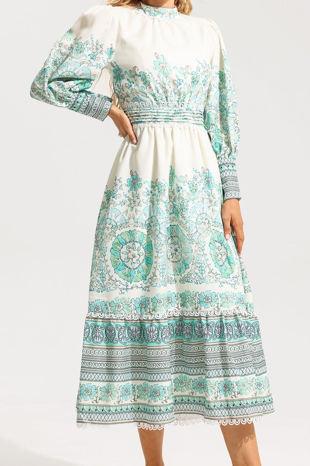 Flowering Girl Women Floral Lantern Sleeve Pleated Midi Dress