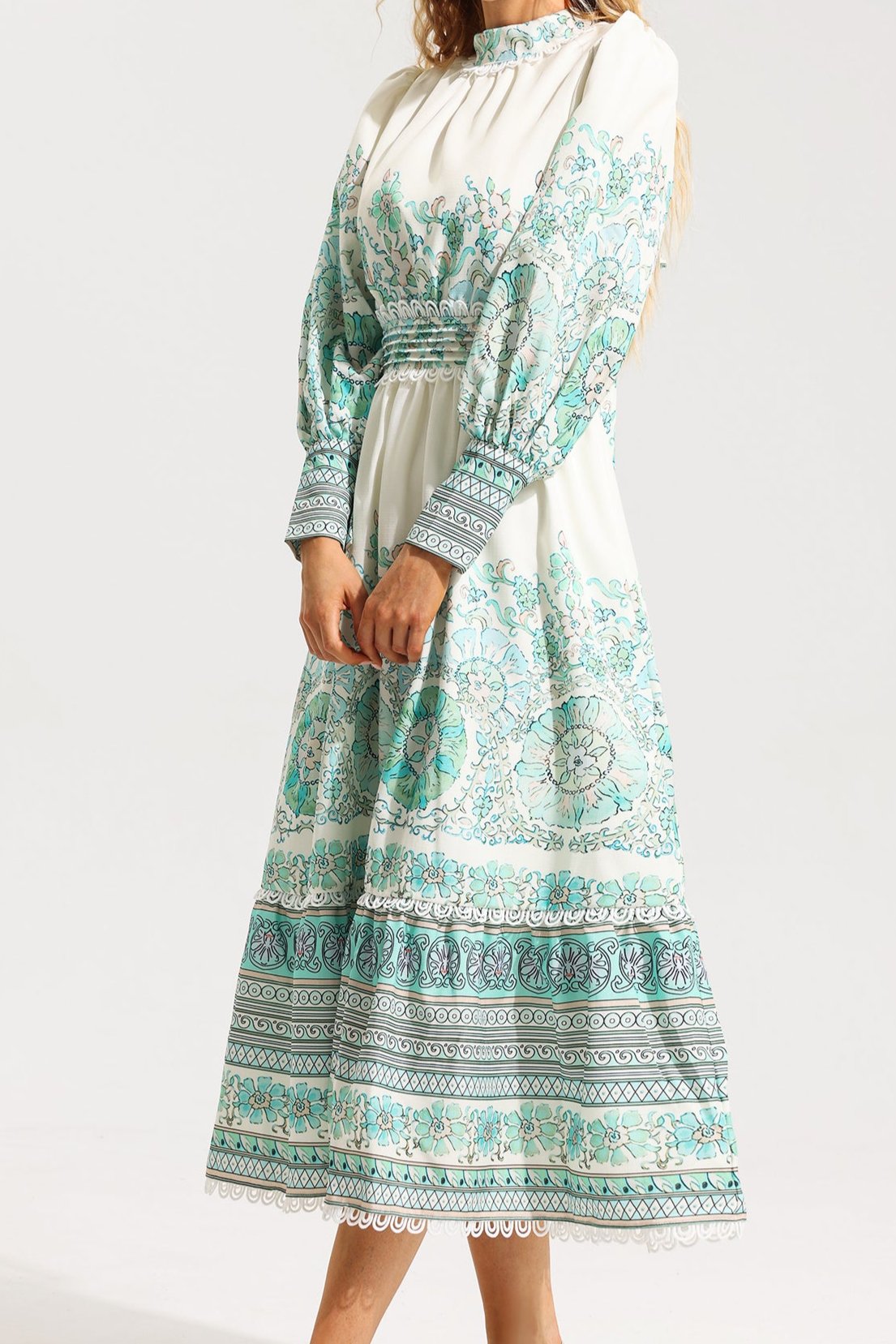 Flowering Girl Women Floral Lantern Sleeve Pleated Midi Dress