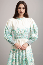 Flowering Girl Women Floral Lantern Sleeve Pleated Midi Dress