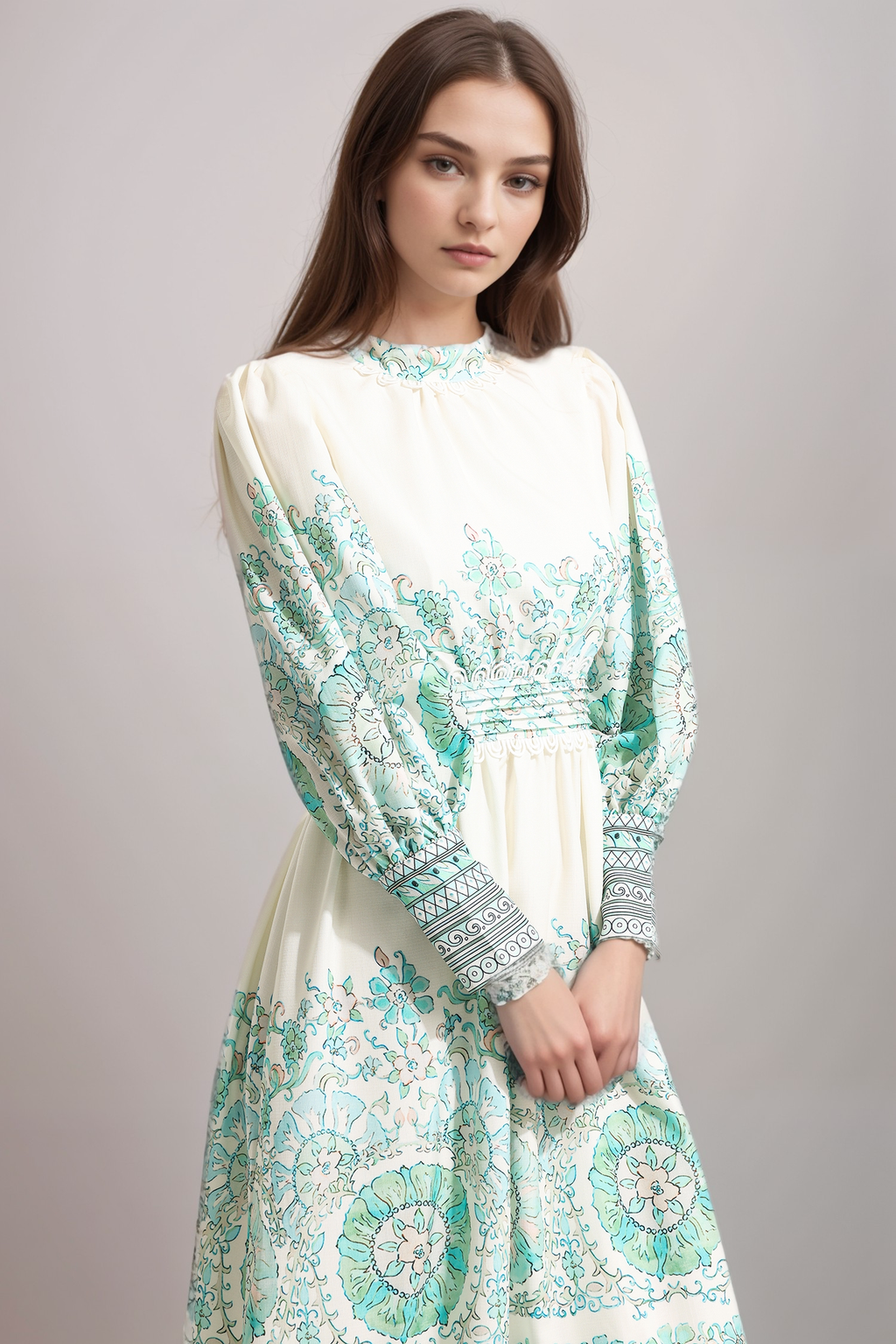 Flowering Girl Women Floral Lantern Sleeve Pleated Midi Dress