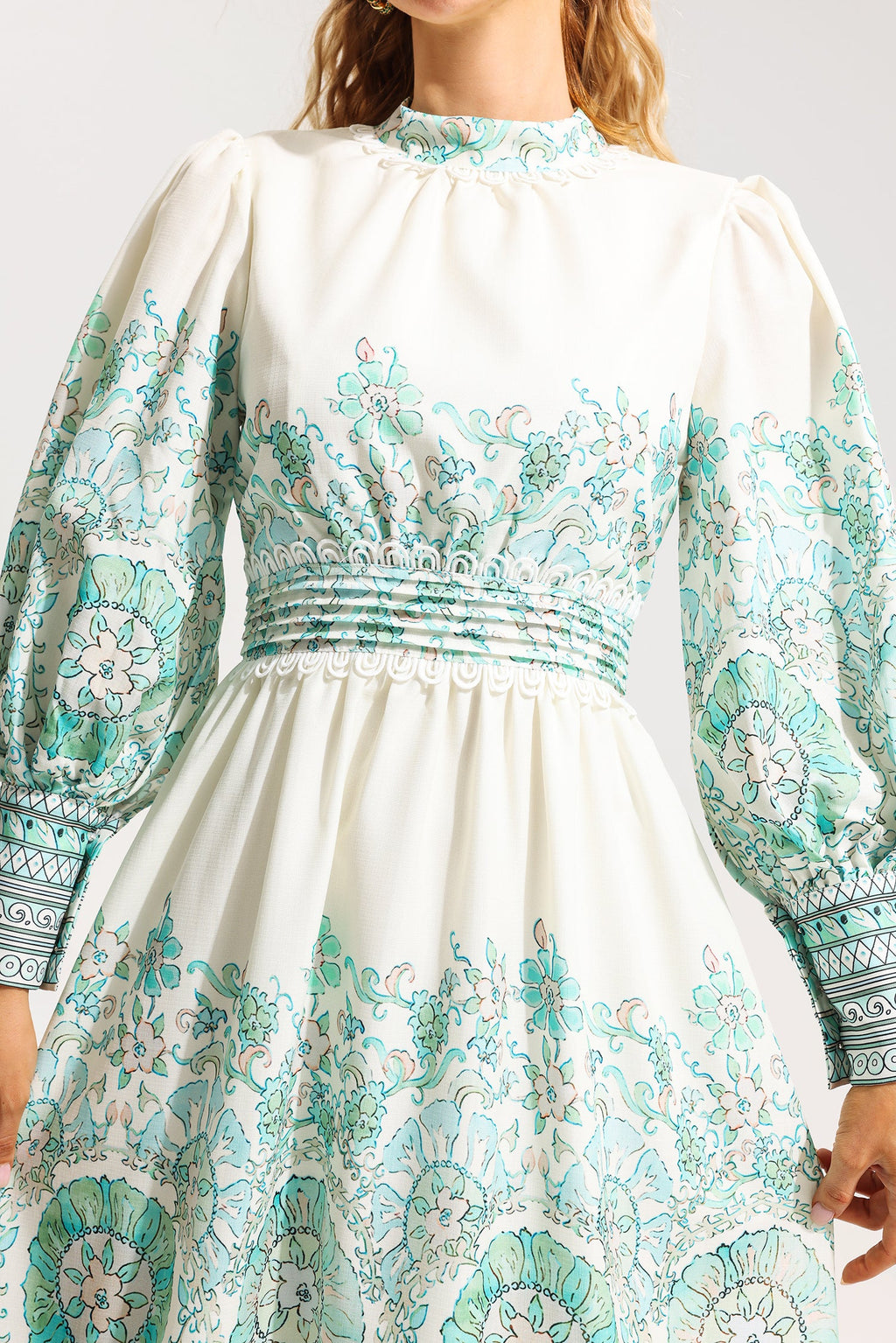 Flowering Girl Women Floral Lantern Sleeve Pleated Midi Dress