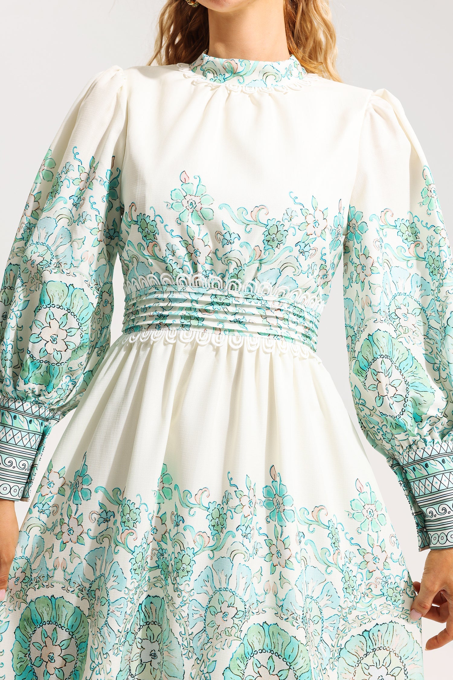 Flowering Girl Women Floral Lantern Sleeve Pleated Midi Dress