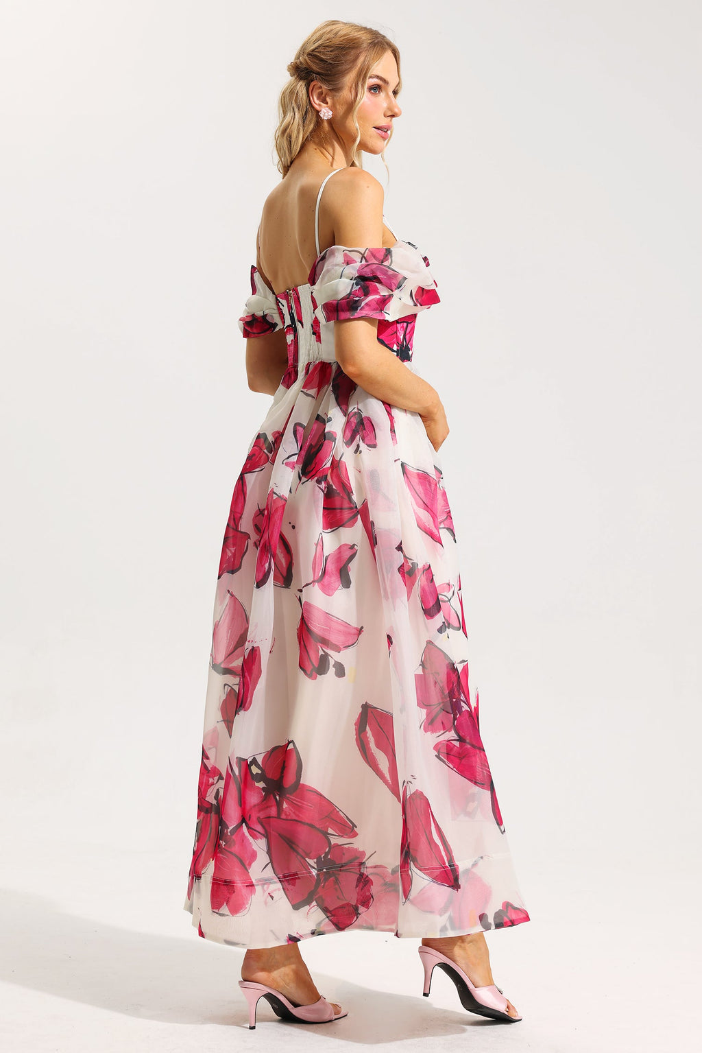 Flowering Girl Women Floral Off-Shoulder Pleated Midi Dress
