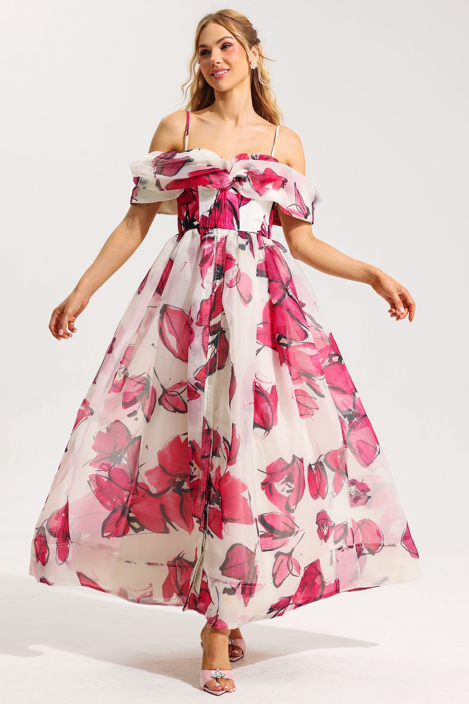 Flowering Girl Women Floral Off-Shoulder Pleated Midi Dress