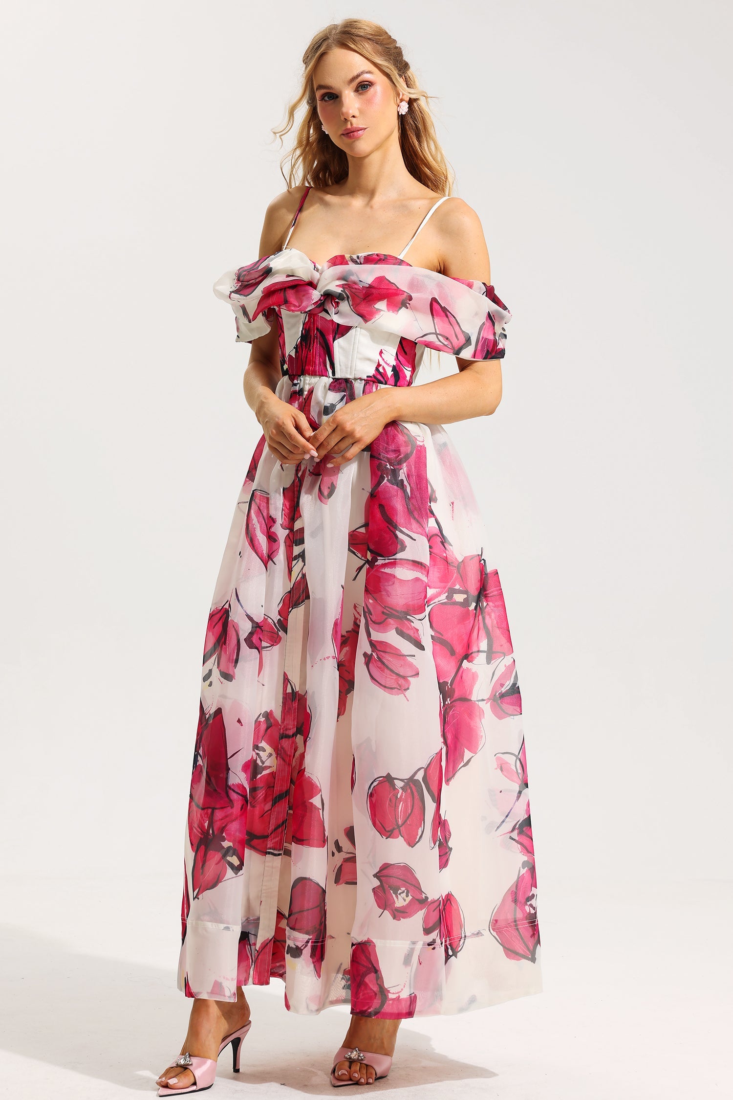 Flowering Girl Women Floral Off-Shoulder Pleated Midi Dress
