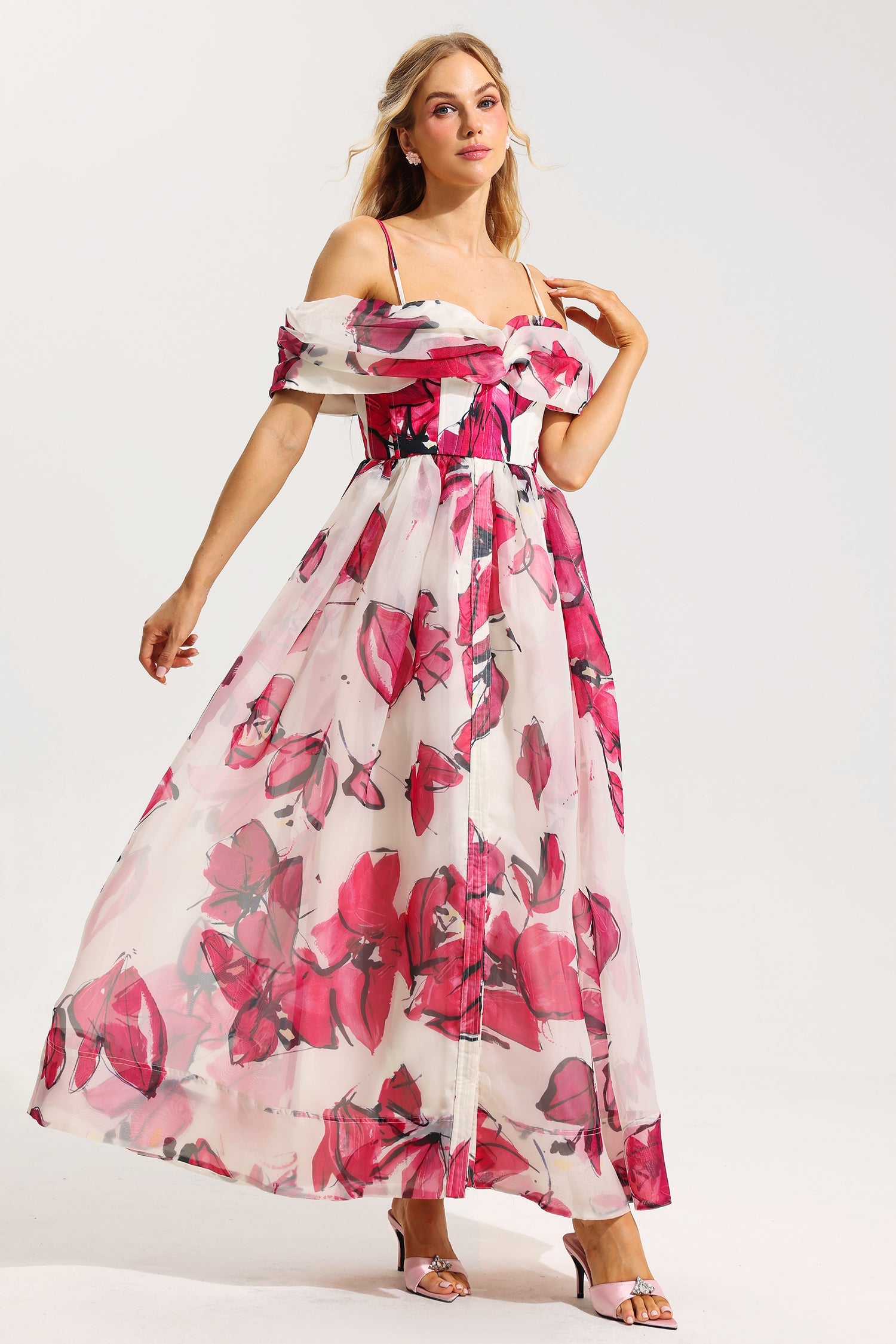 Flowering Girl Women Floral Off-Shoulder Pleated Midi Dress